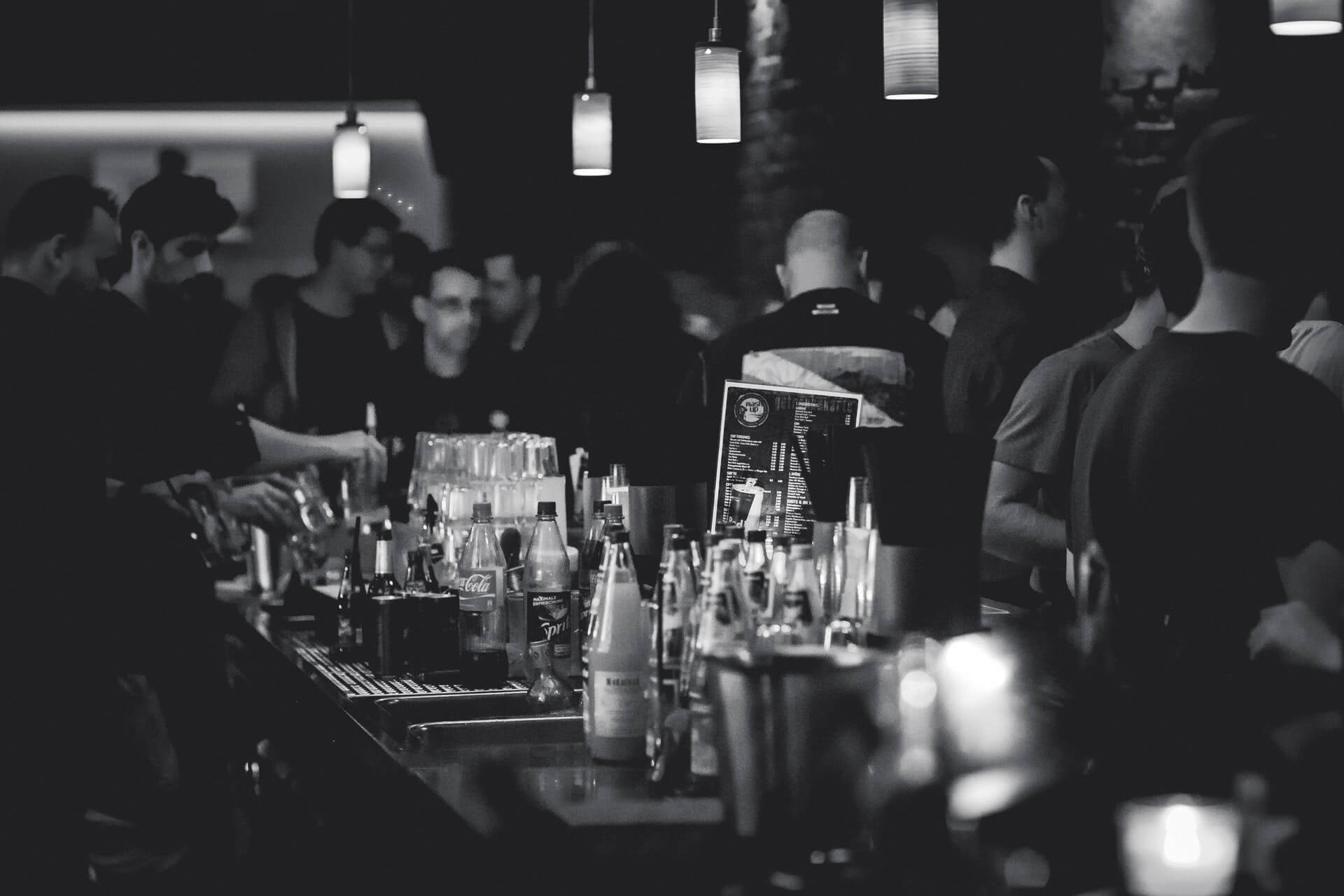 Busy bar in black and white