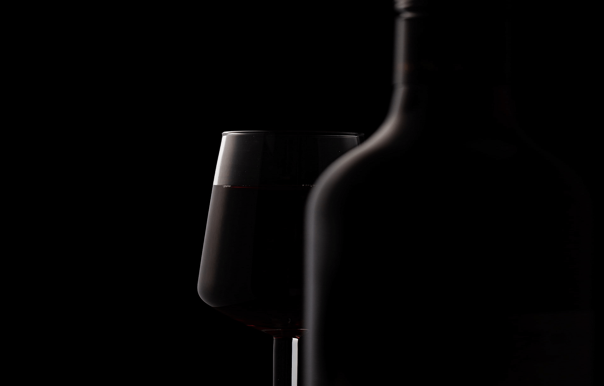 Black photo concept of red wine glass and bottle