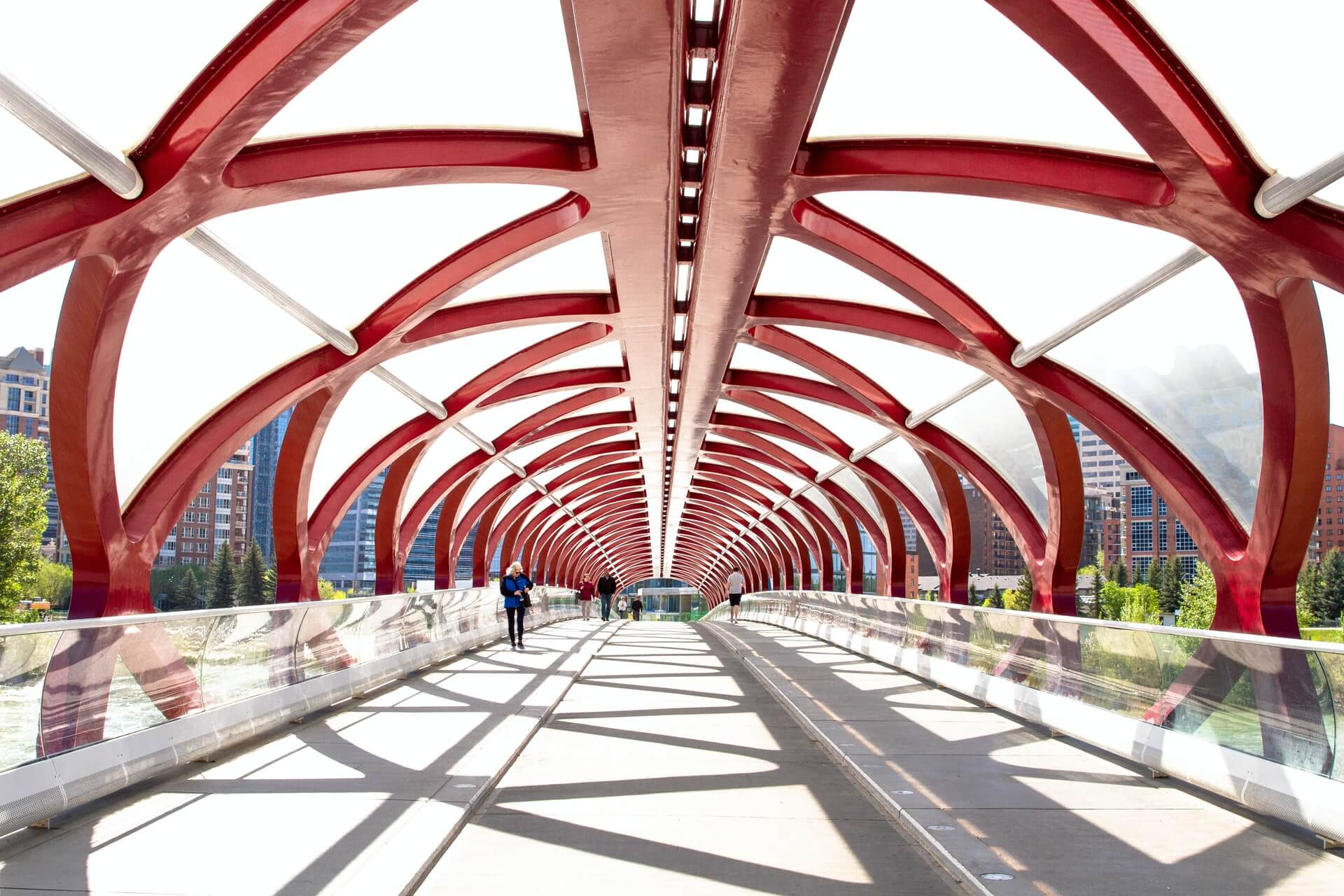 Peace Bridge red double-helix pedestrian bridge in Calgary, Alberta, Canada