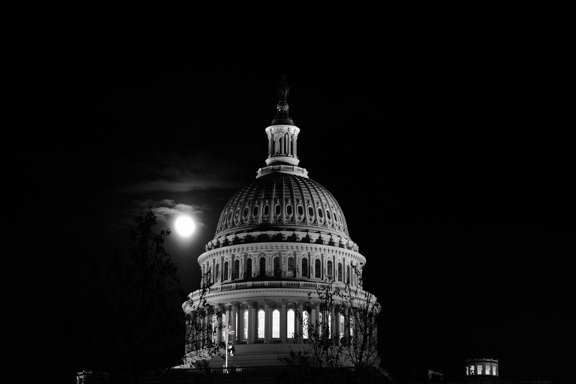 United States Capitol Building at night, black and white