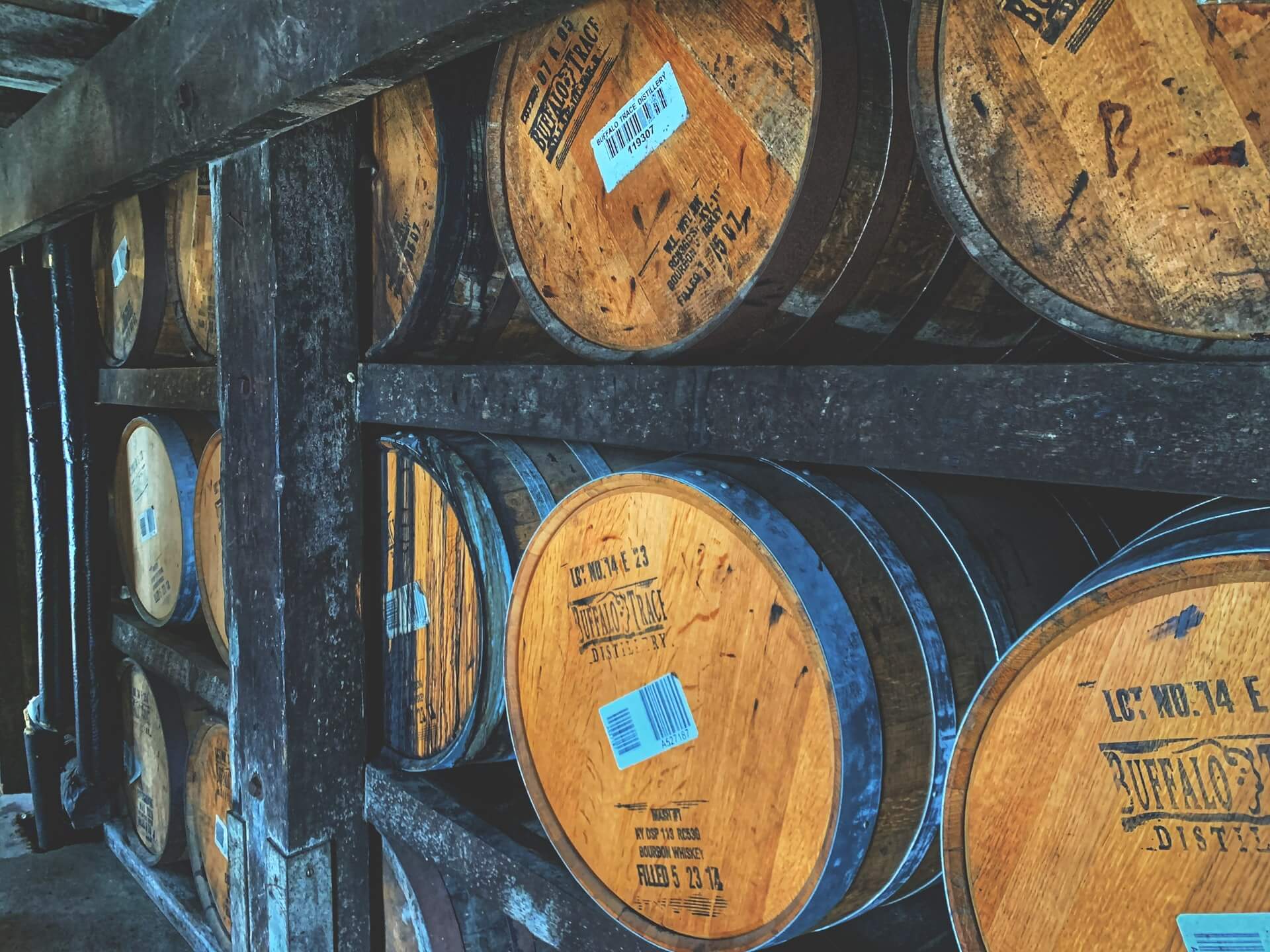 Bourbon barrels resting in Buffalo Trace rack house