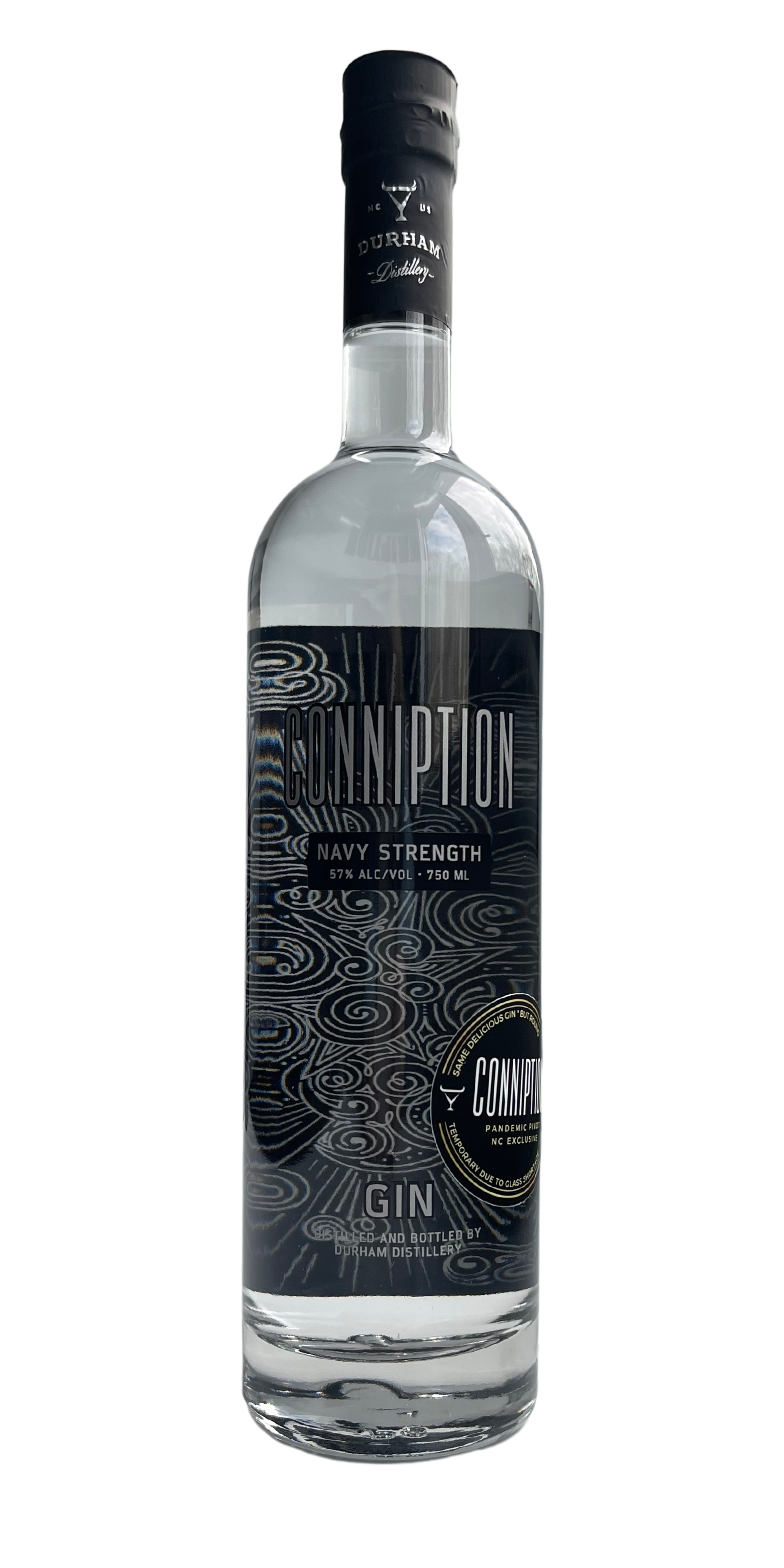 Durham Distillery CONNIPTION Gin Pandemic Pivot Navy Strength cylindrical bottle