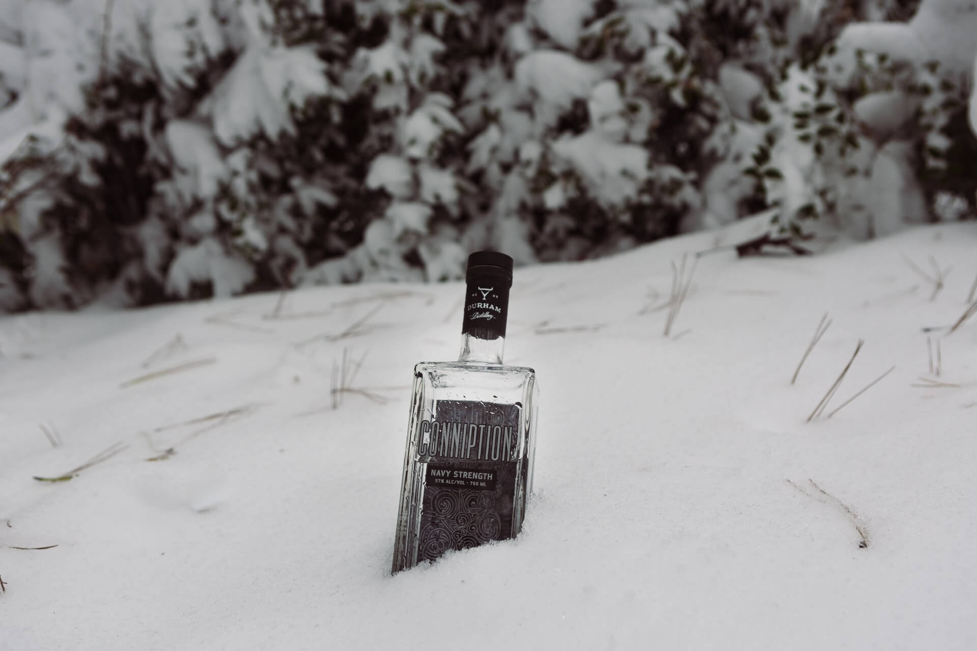 Durham Distillery Navy Strength Gin in a snowbank