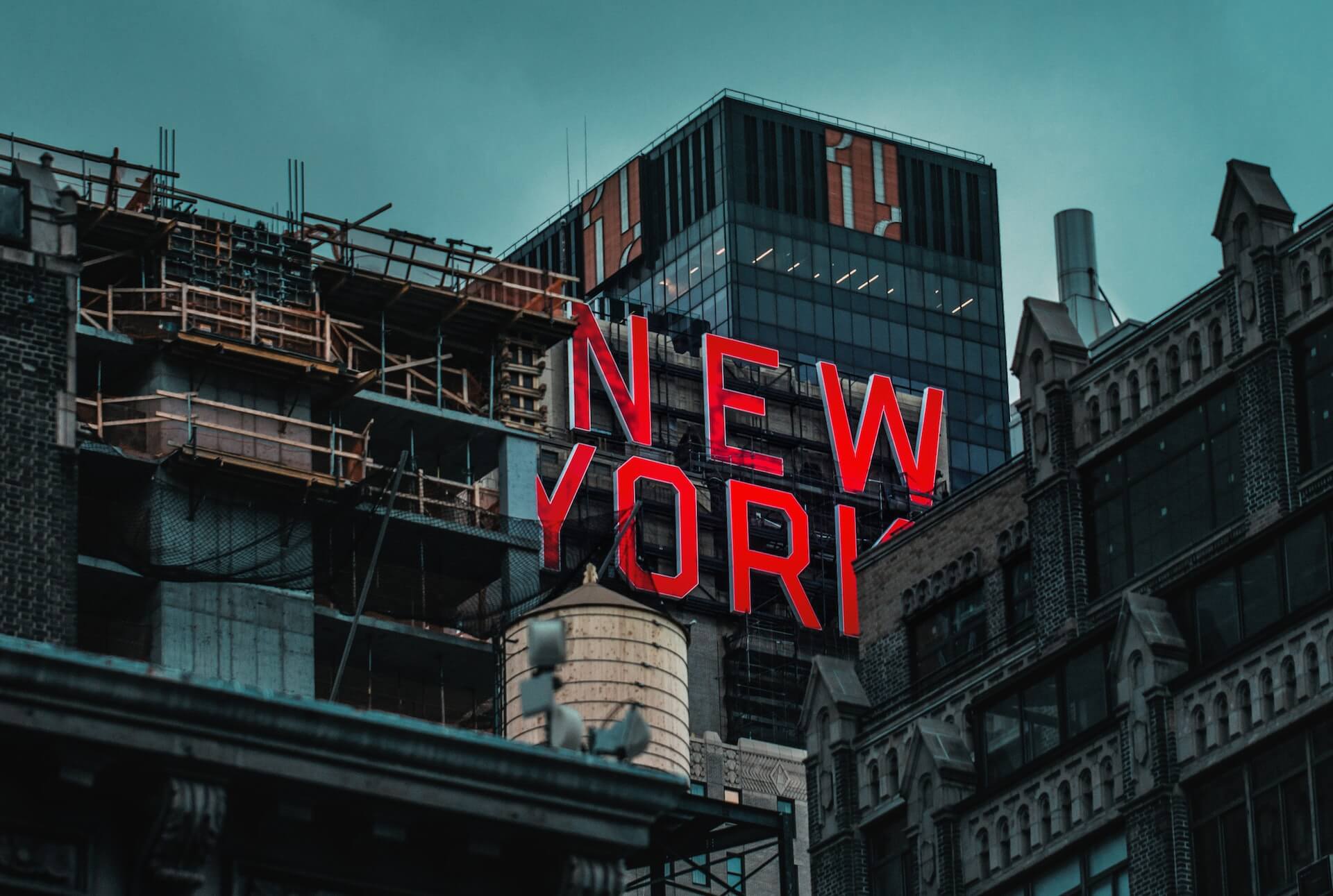 Red "New York" sign on building