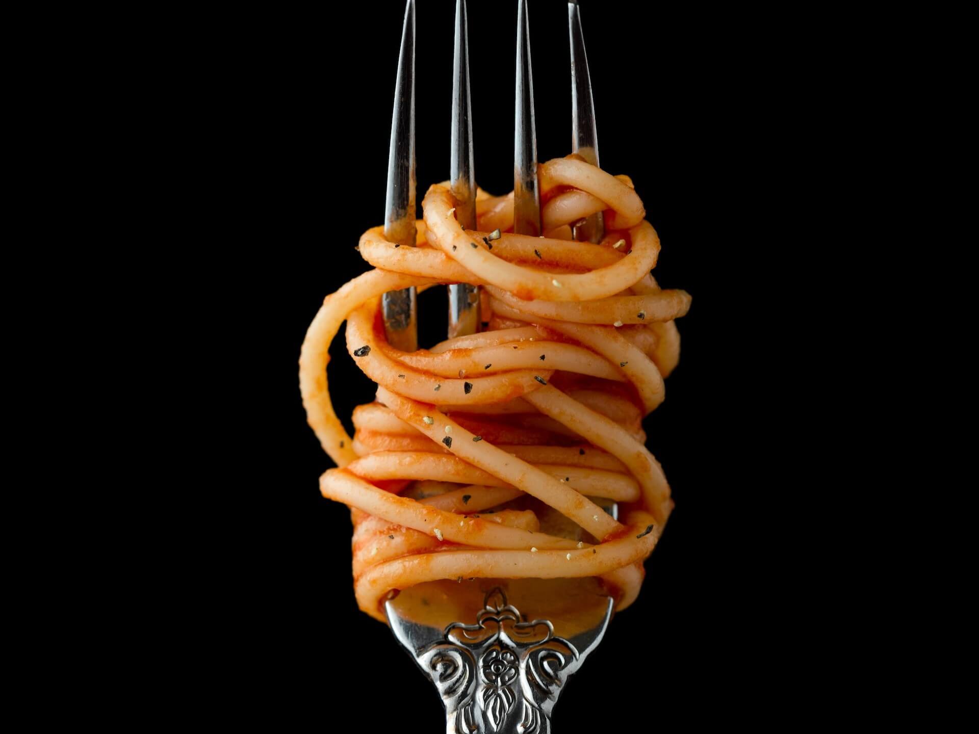 Closeup of spaghetti noodle wrapped around fork