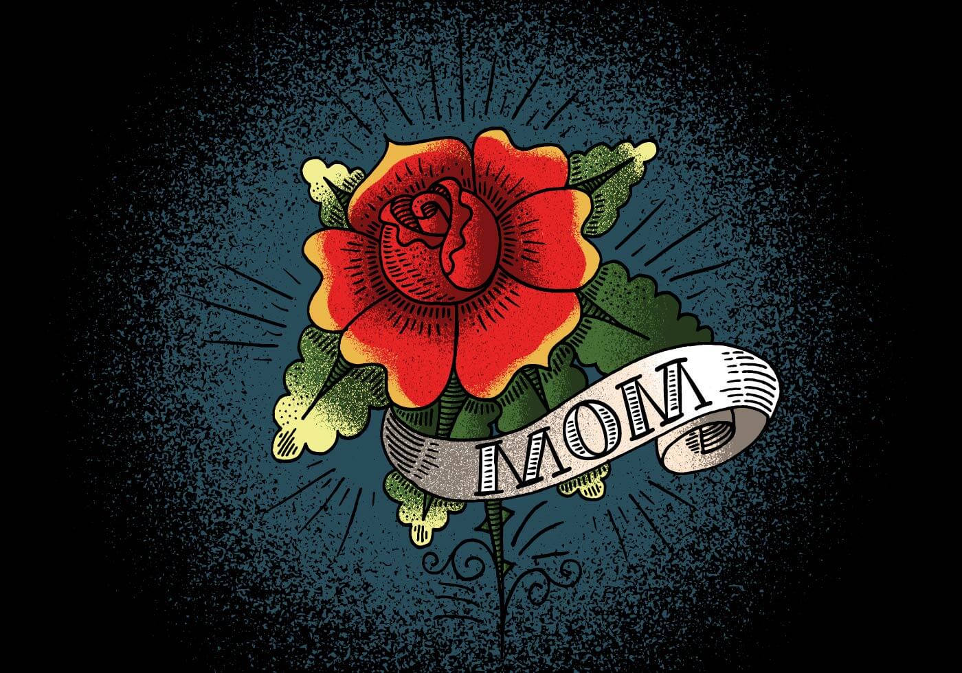 Tattoo-style rose with "Mom" ribbon