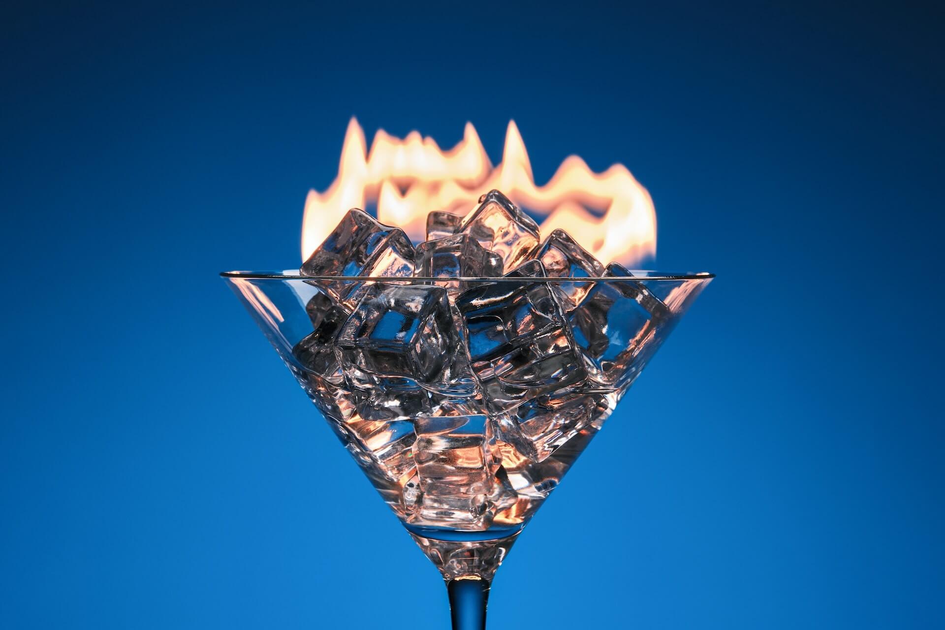 Ice on fire inside of a Martini glass
