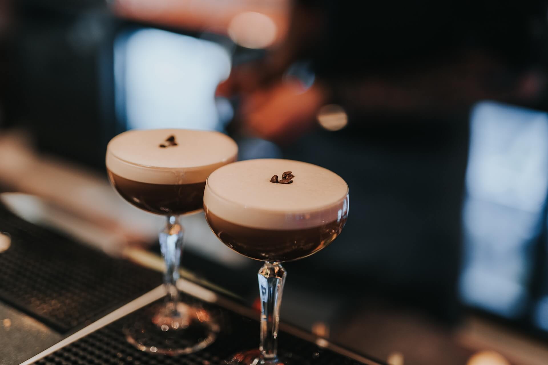 Two Espresso Martinis on a bar