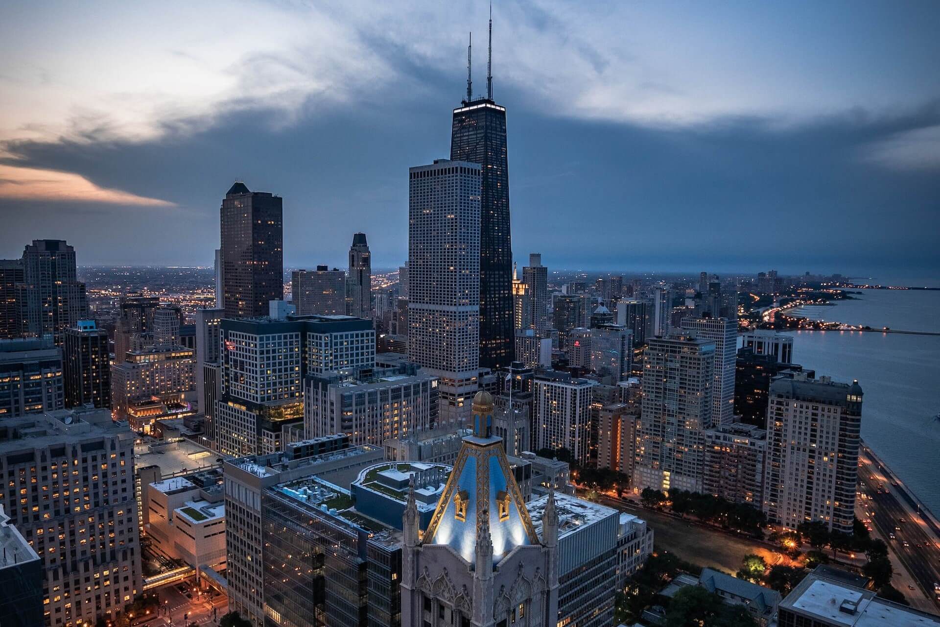 Aerial view of Chicago skyline and Lake Michigan coastline