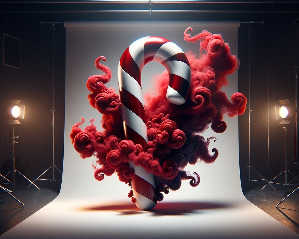 A candy cane surrounded by red smoke in a studio