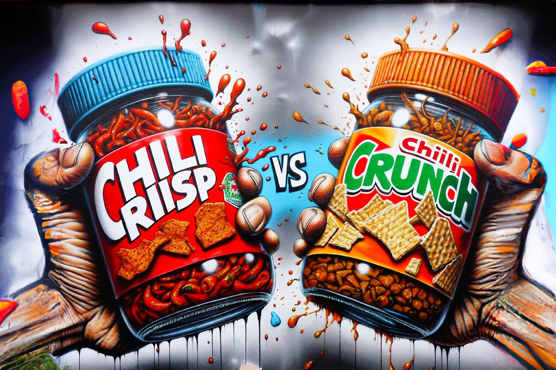 A street-art-style image of a jar of chili crisp versus a jar of chili crunch