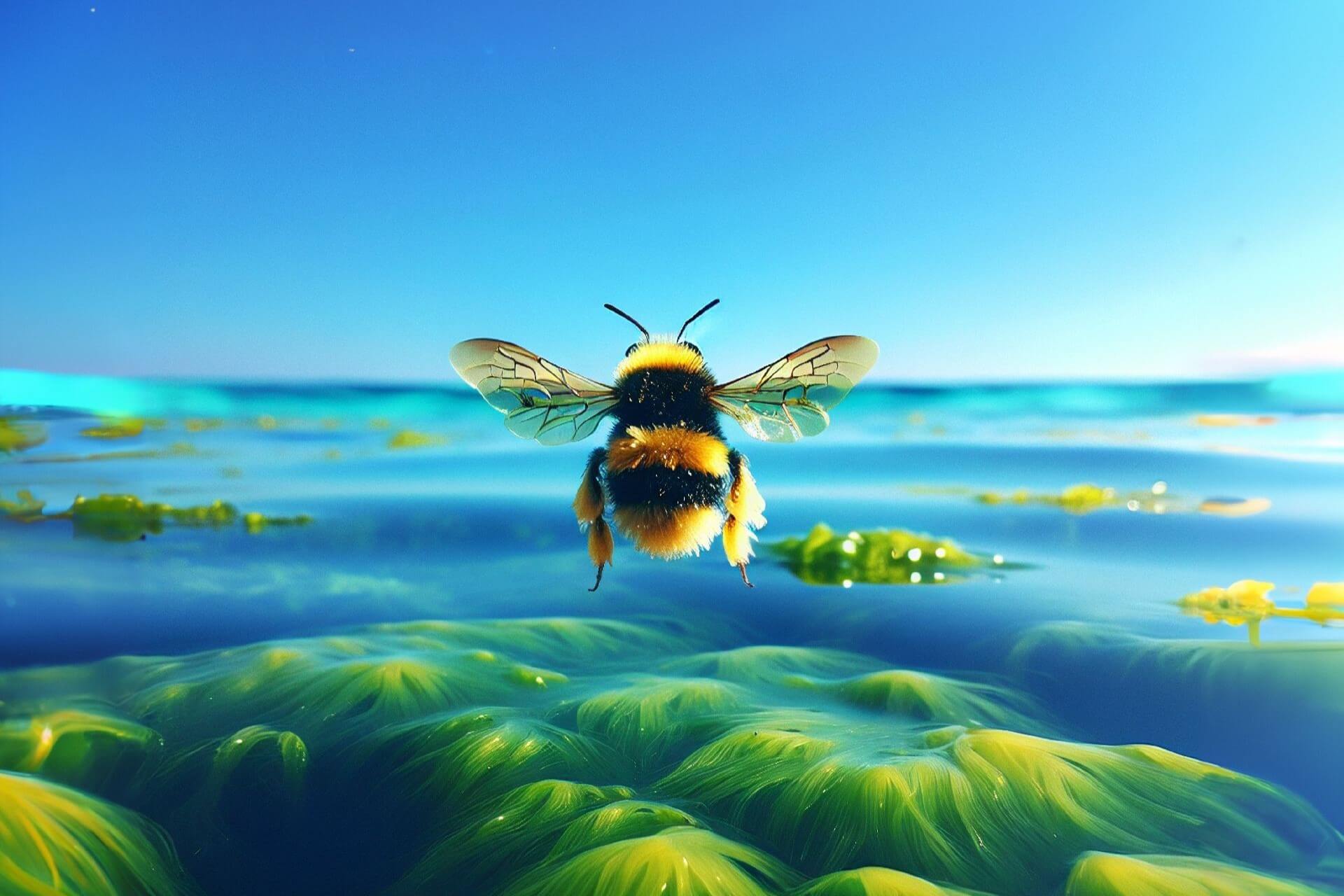 An AI-generated image of a bee flying over seaweed, headed toward the horizon
