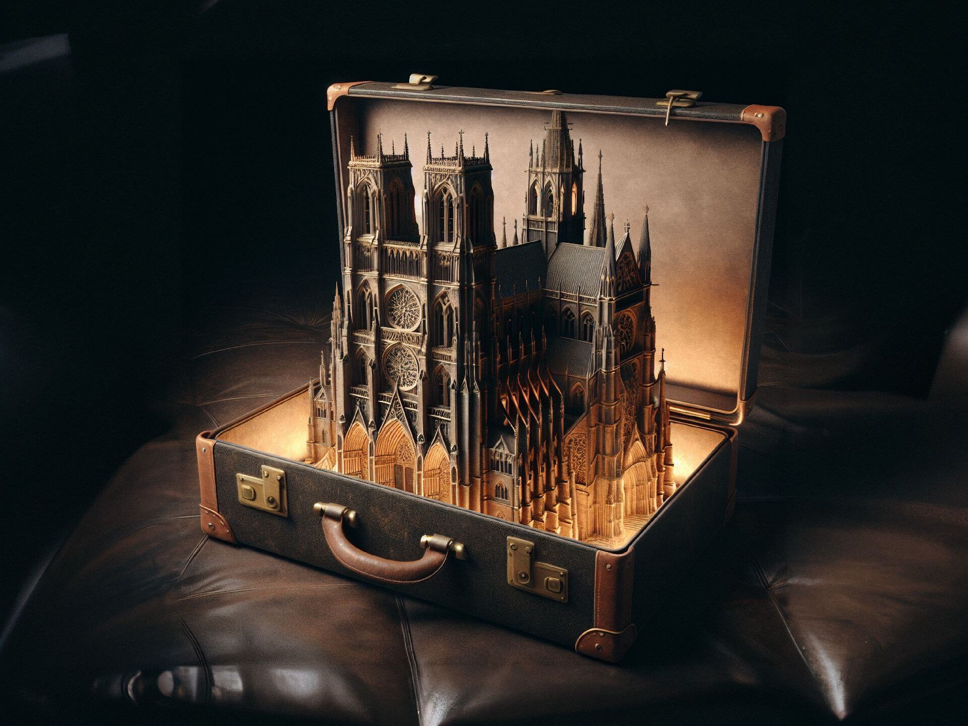 AI-generated image of a cathedral inside a suitcase