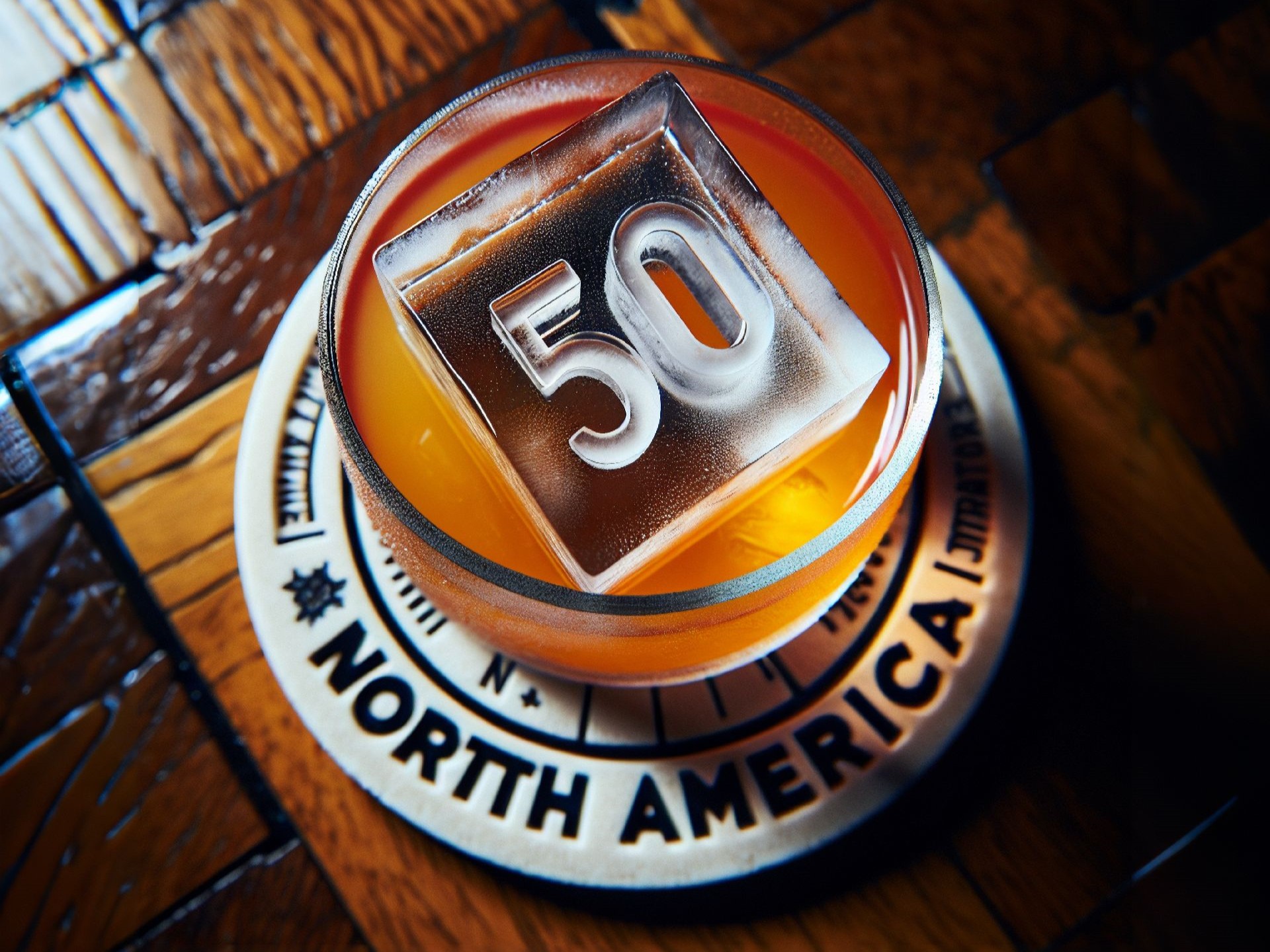 AI-generated image of a cocktail with an ice cube branded with the number 50, resting on a white coaster that reads "North America"