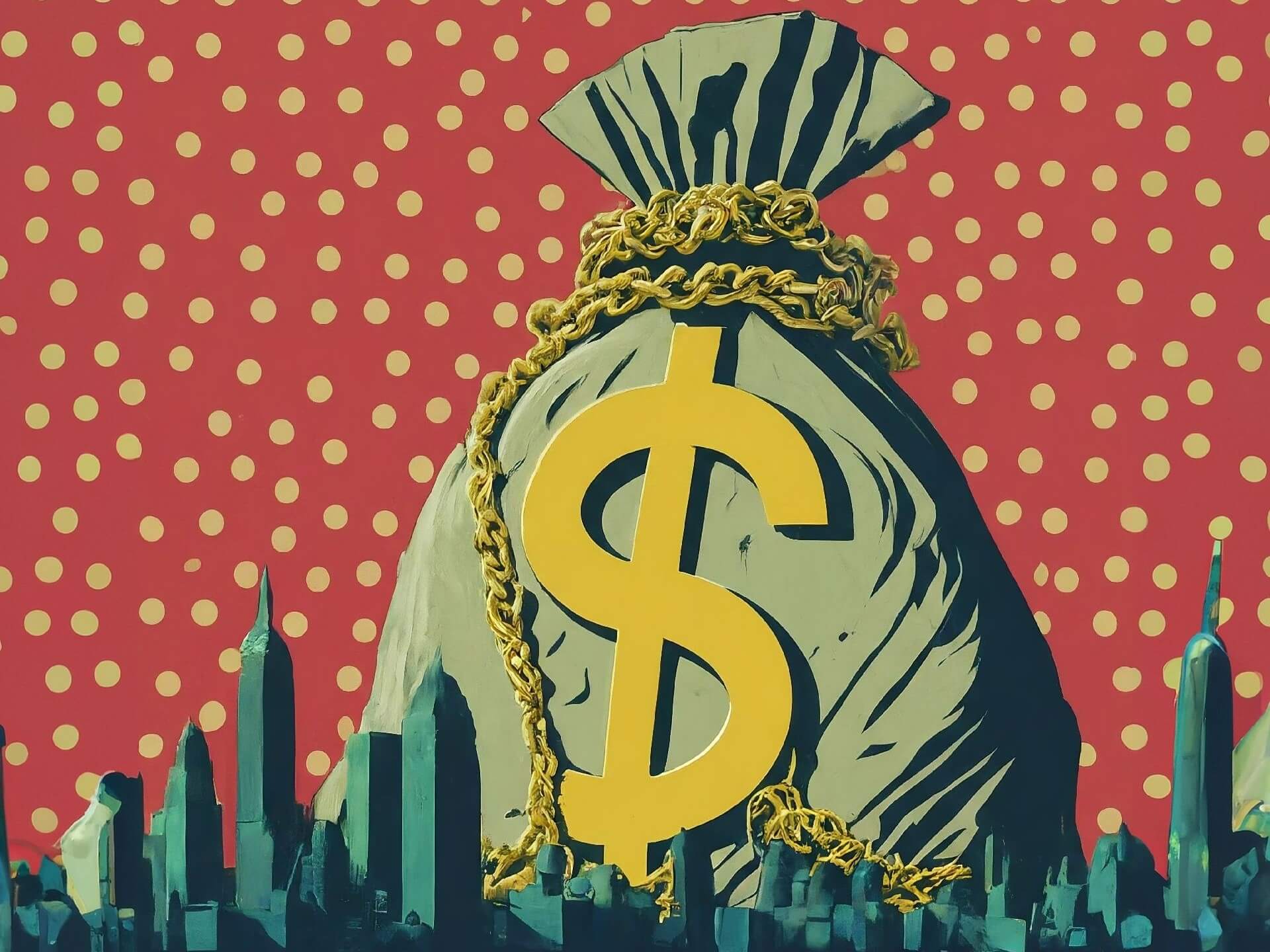 Pop art image of a giant money bag wrapped in golden chains looming over a city skyline