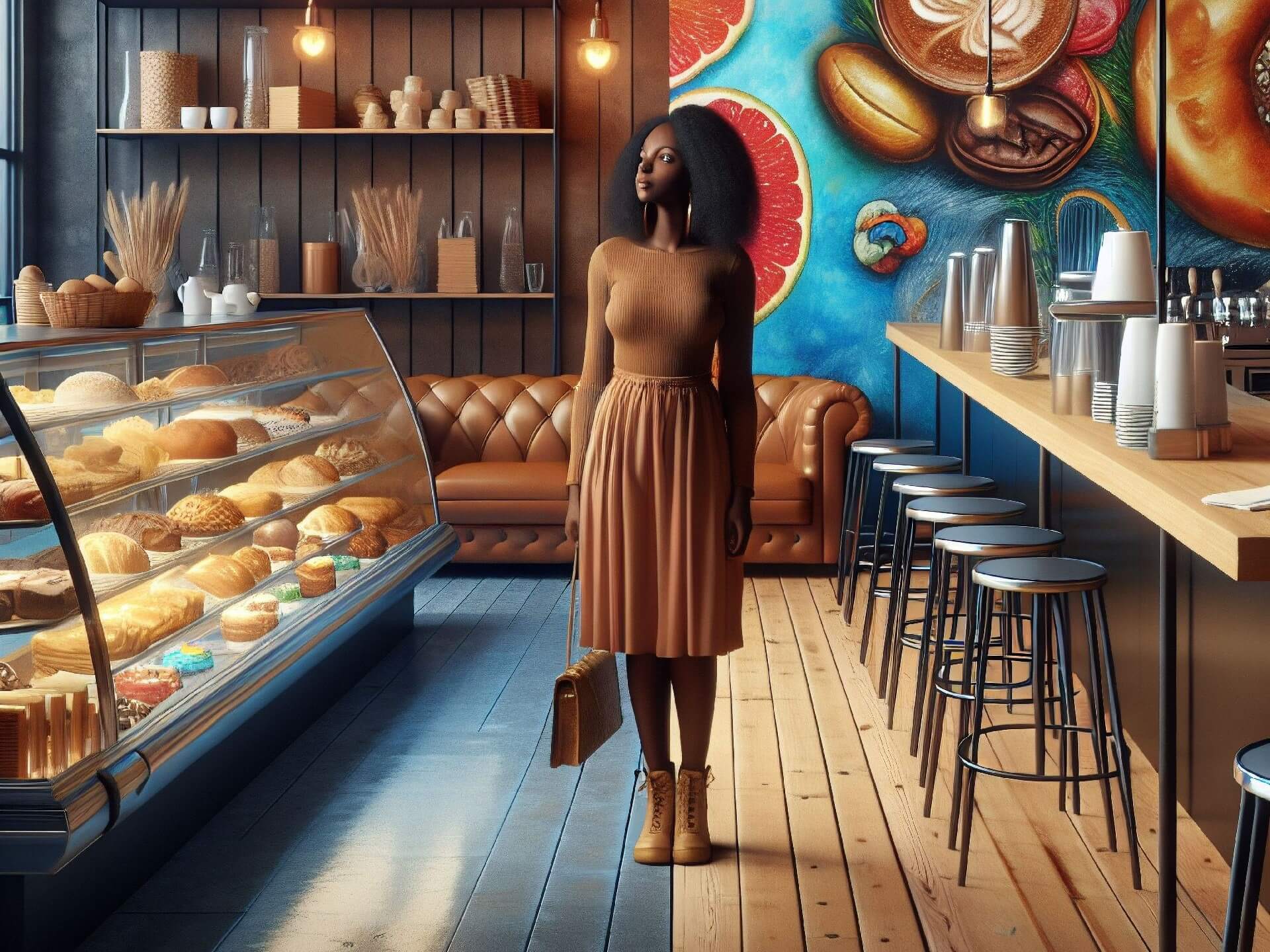 A woman standing in a space that's half cafe and half coffee shop