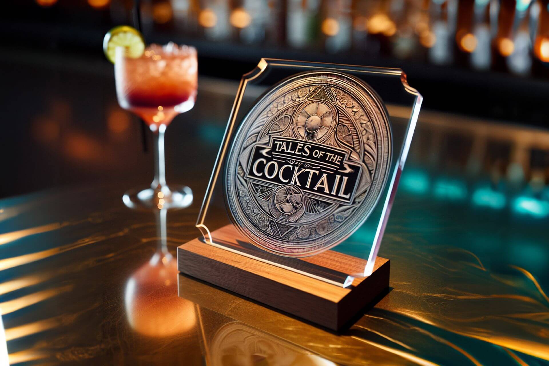 AI-generated image of the Tales of the Cocktail Spirited Award on top of a bar, next to a cocktail