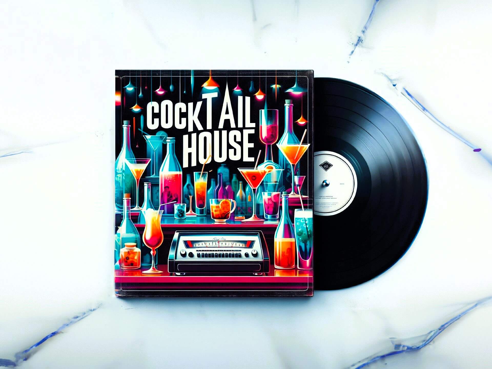 AI-generated image of a record album cover that reads "Cocktail House"