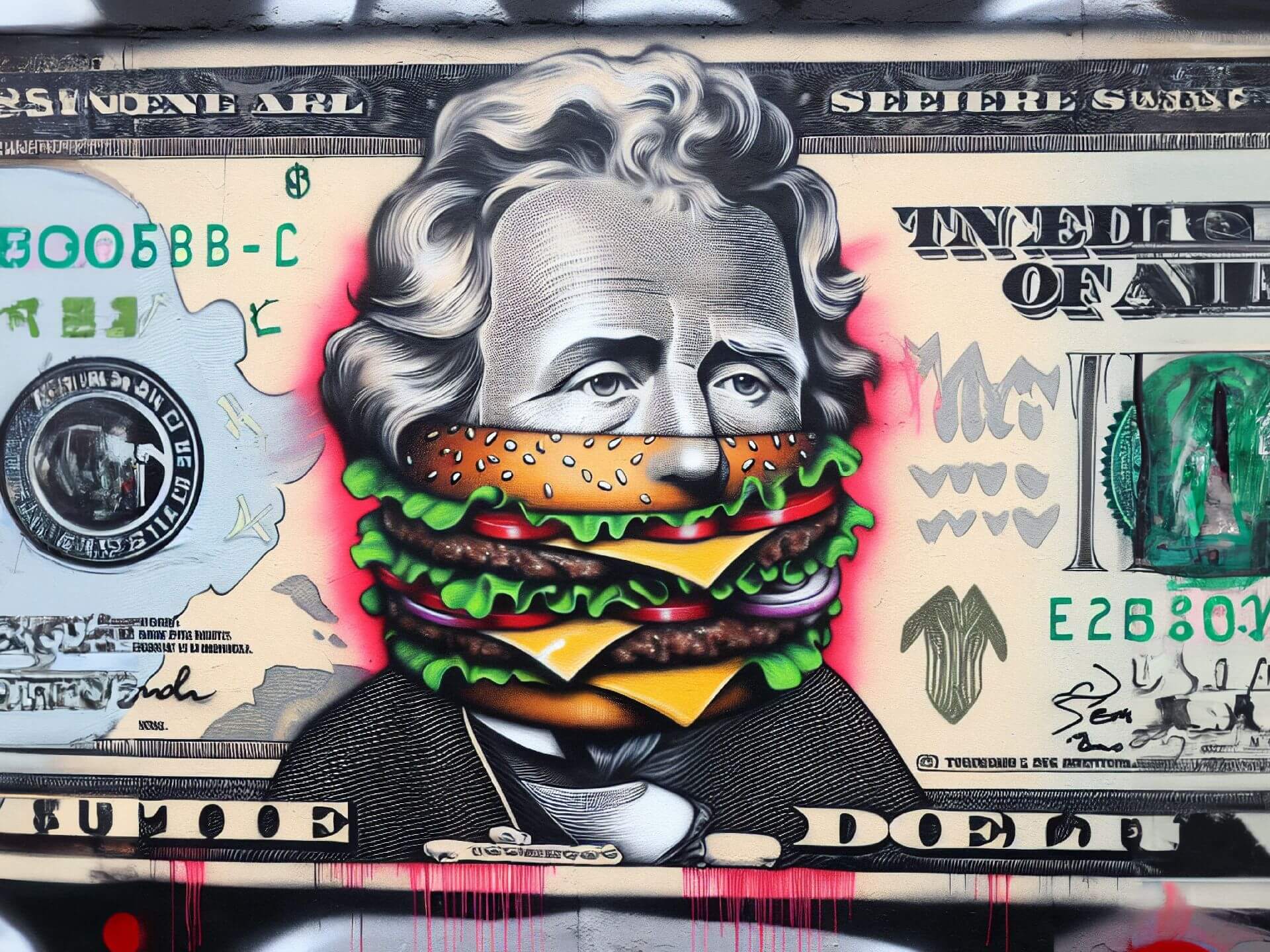 AI-generated image of a $20 bill with a cheeseburger covering the president's face, in street art style