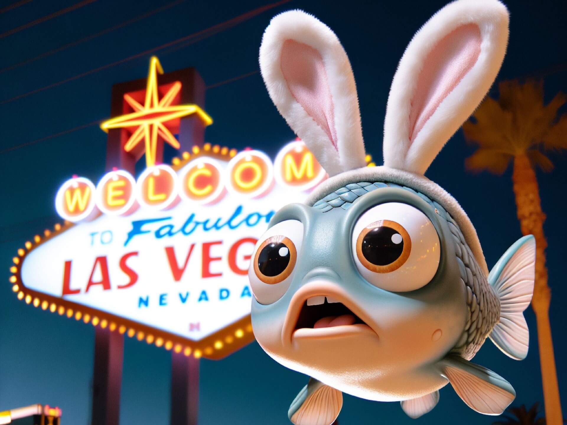 A cartoon fish wearing bunny ears, hovering near the world-famous "Welcome to Las Vegas" sign
