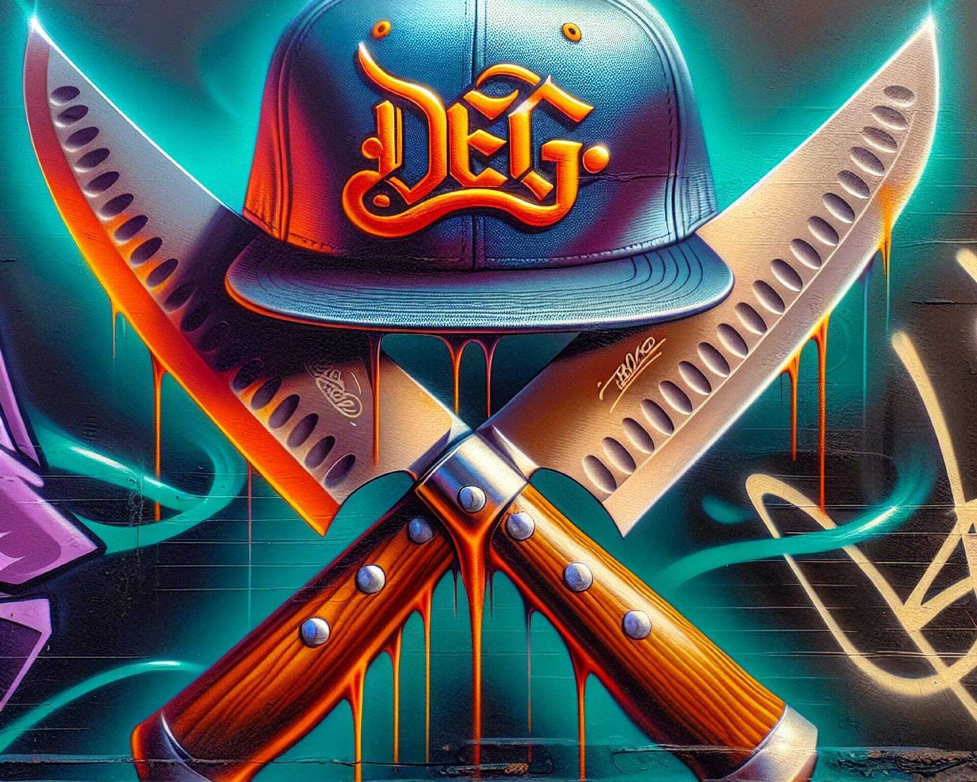 Graffiti of crossed chef's knives underneath a baseball cap that reads, "D.E.G."