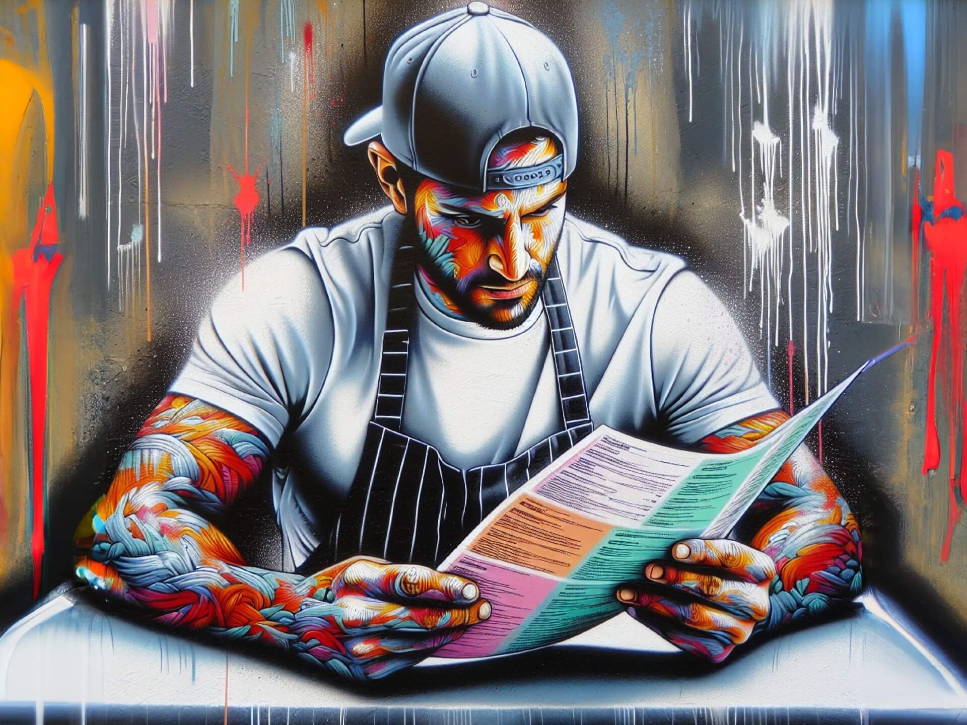 Street art-style, AI-generated image of a chef holding a color-coded recipe sheet
