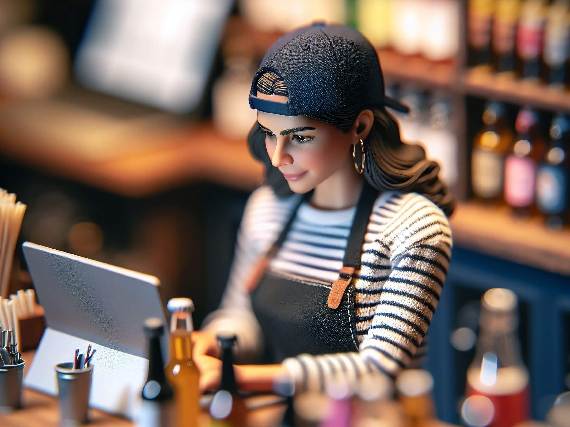 AI-generated diorama-style image of woman behind bar using a tablet