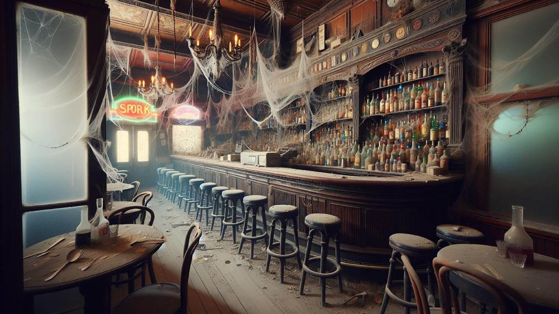An abandoned saloon covered in dust and cobwebs
