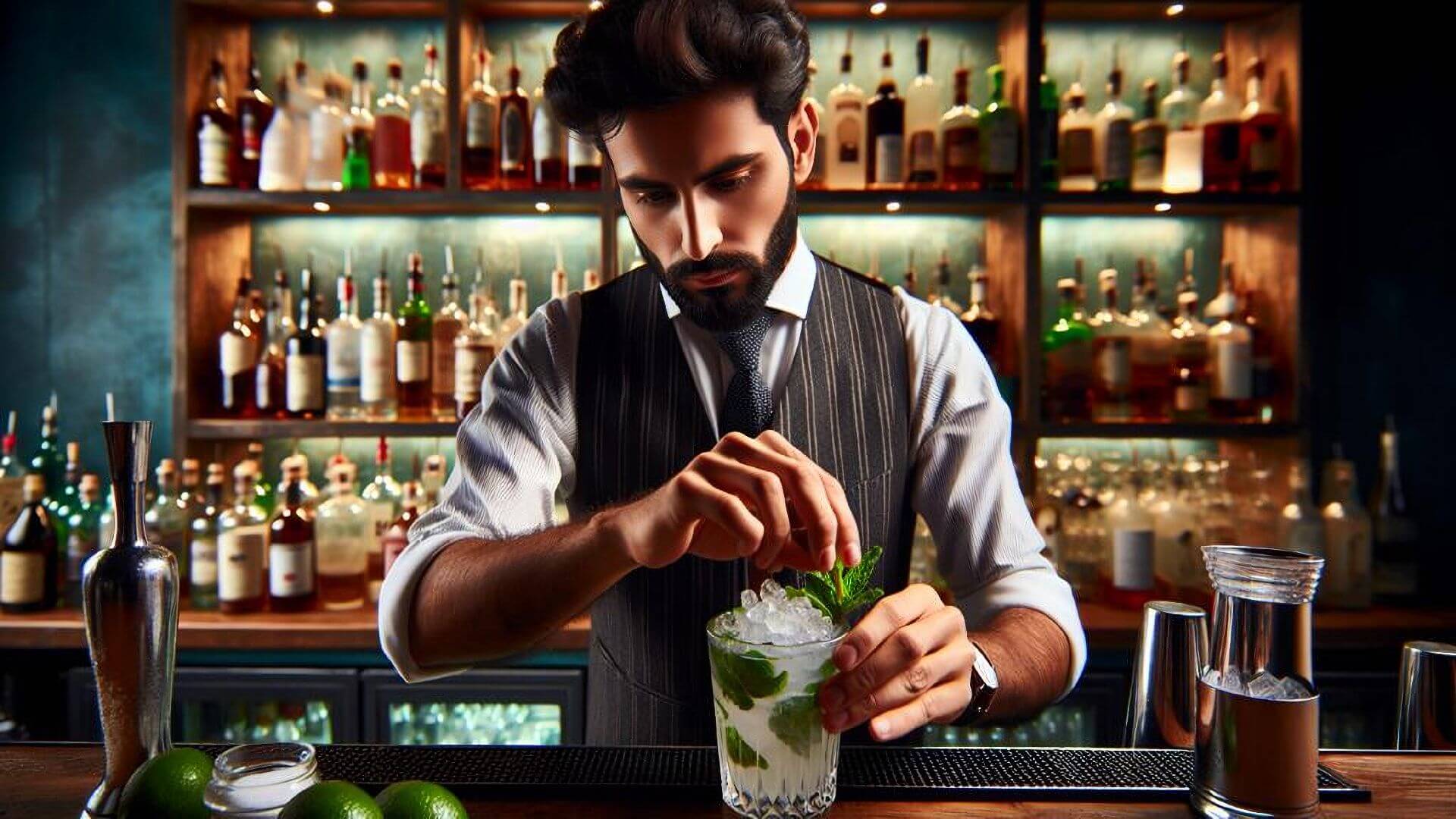 An AI-generated image of a male bartender preparing a Mojito cocktail