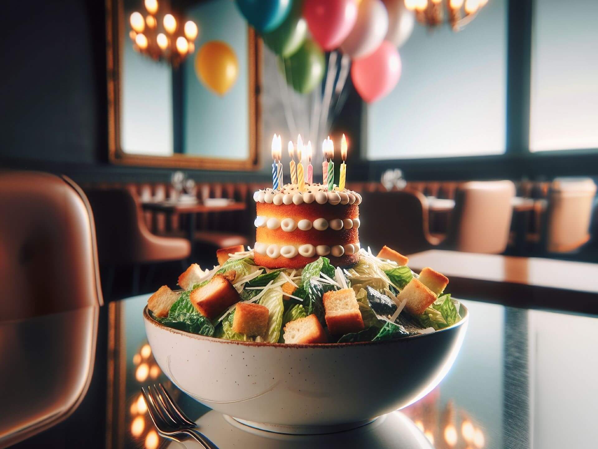 AI-generated image of a Caesar salad in a bowl on a table with a birthday cake on top of it