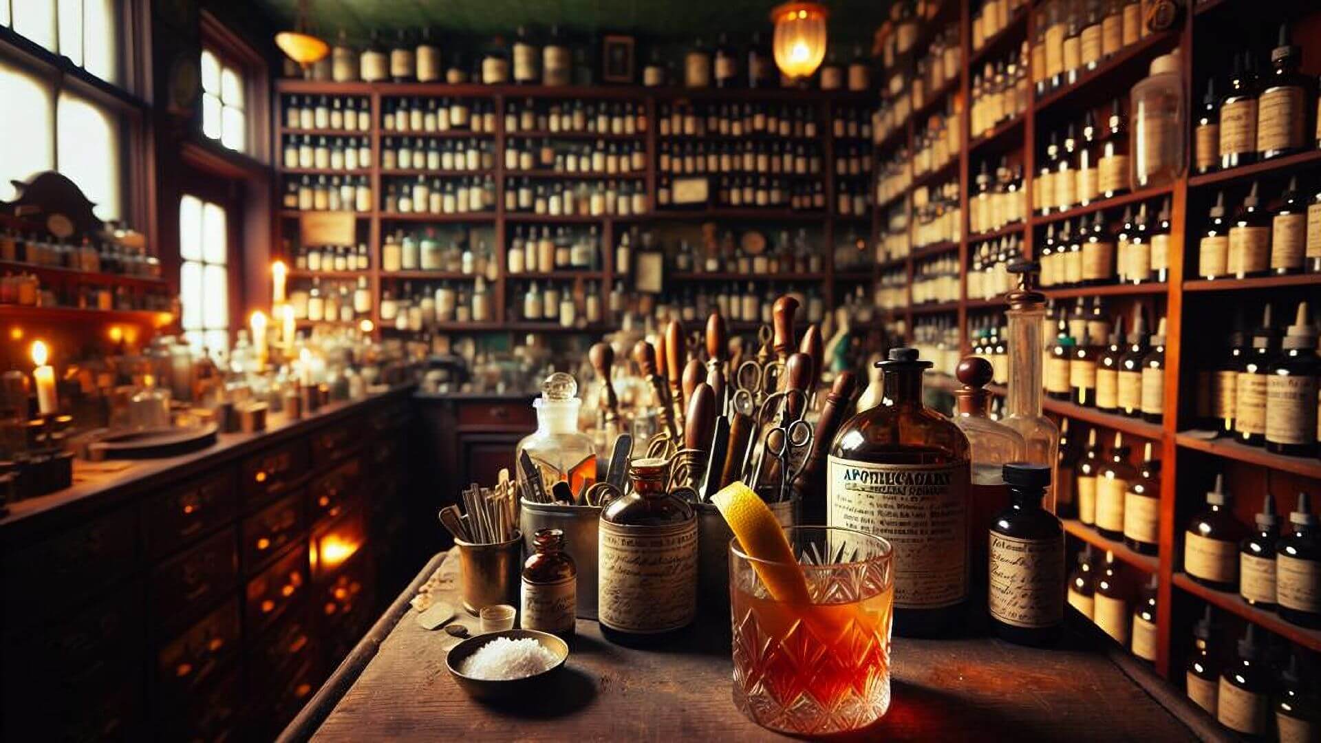 A Sazerac cocktail on a counter inside a rustic apothecary shop