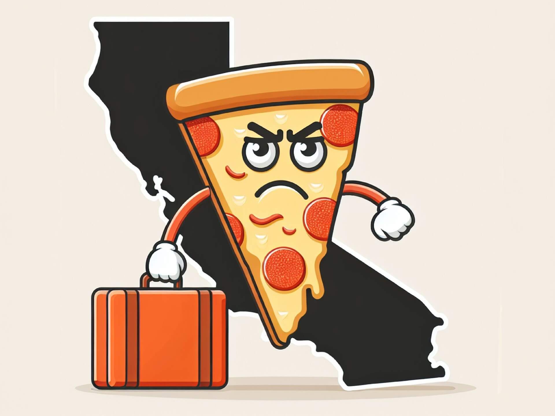 A frustrated cartoon slice of pizza carrying a suitcase and leaving the state of California