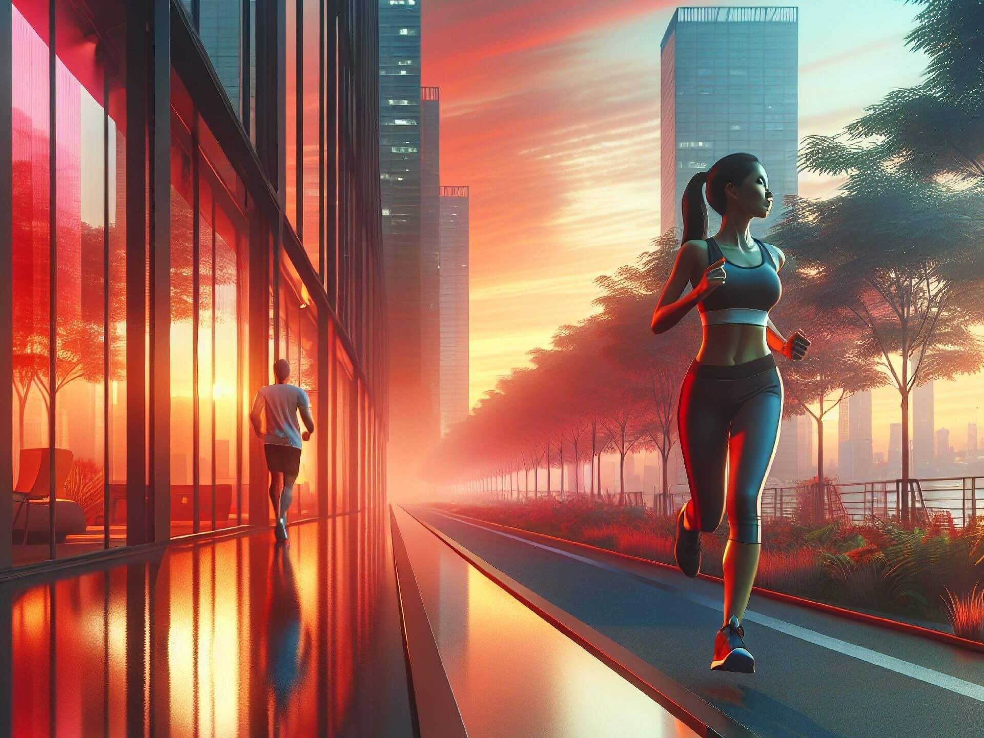 Two people jogging through a city at sunrise, going in opposite directions