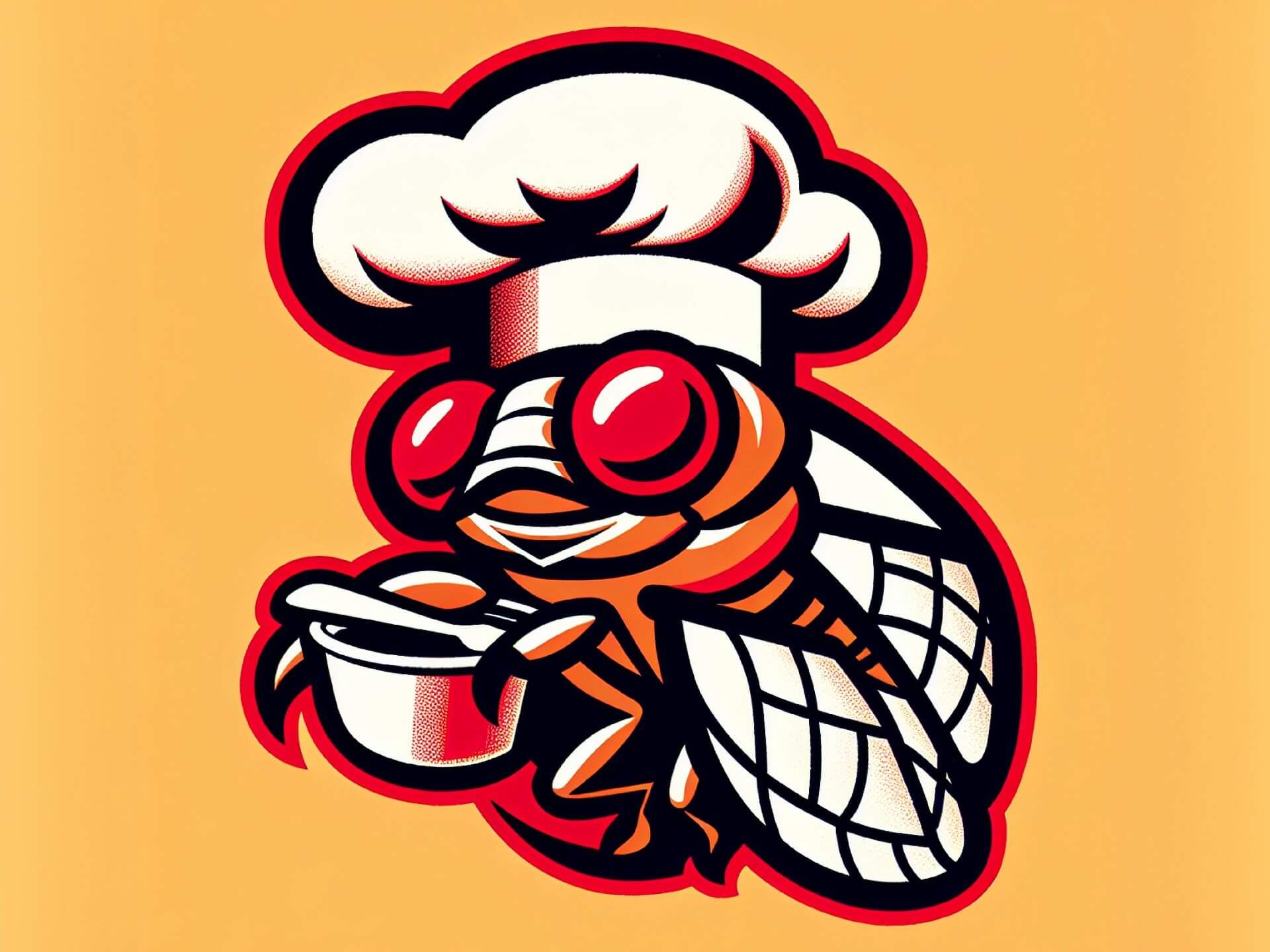 Cartoon image of an anthropomorphic cicada wearing a toque and holding a pot
