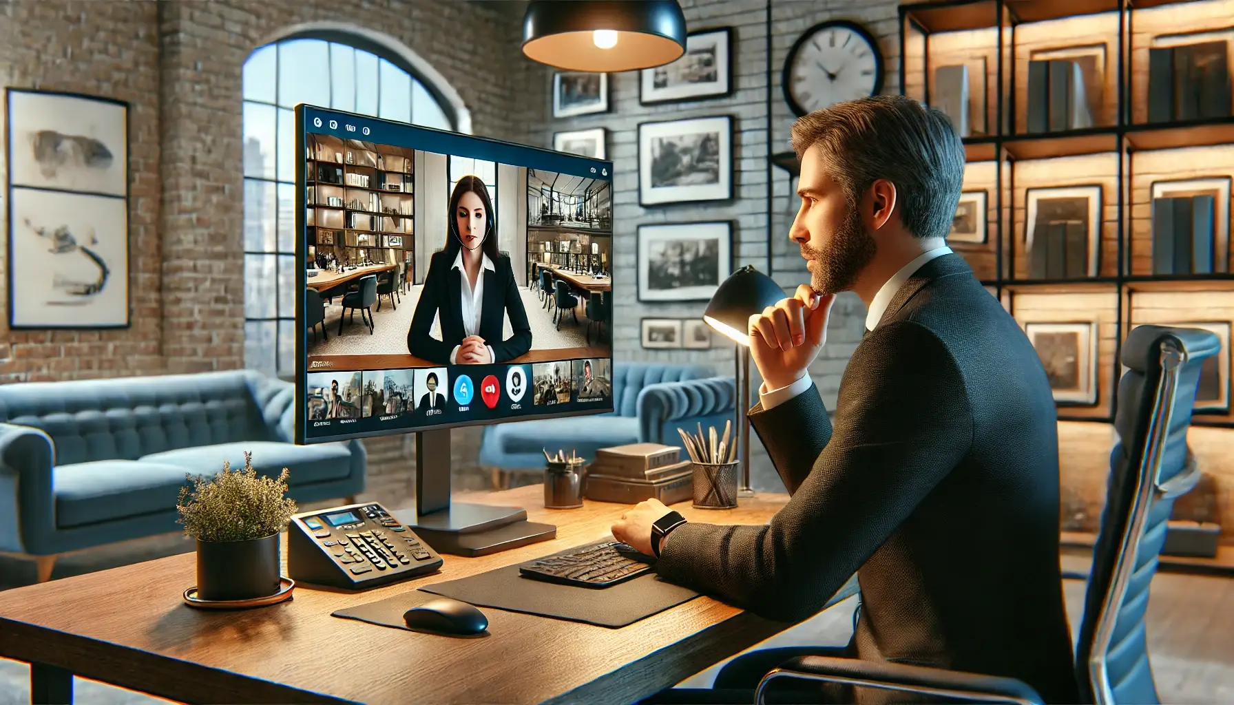 An AI-generated image of a man in a suit speaking remotely via computer to a woman in a suit