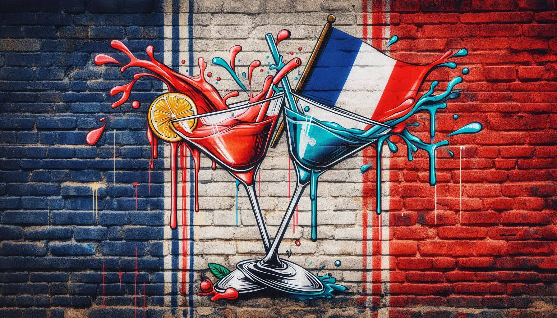 An AI-generated, street-style image of a red and a blue cocktail crossed at the glass stems, against a blue, white, and red graffiti background