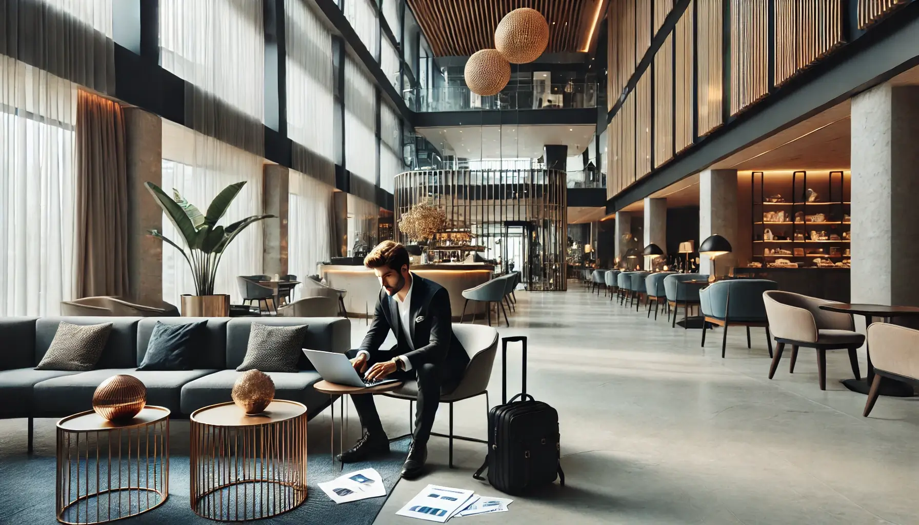 AI-generated image depicting a hotel owner or executive in the lobby of their property