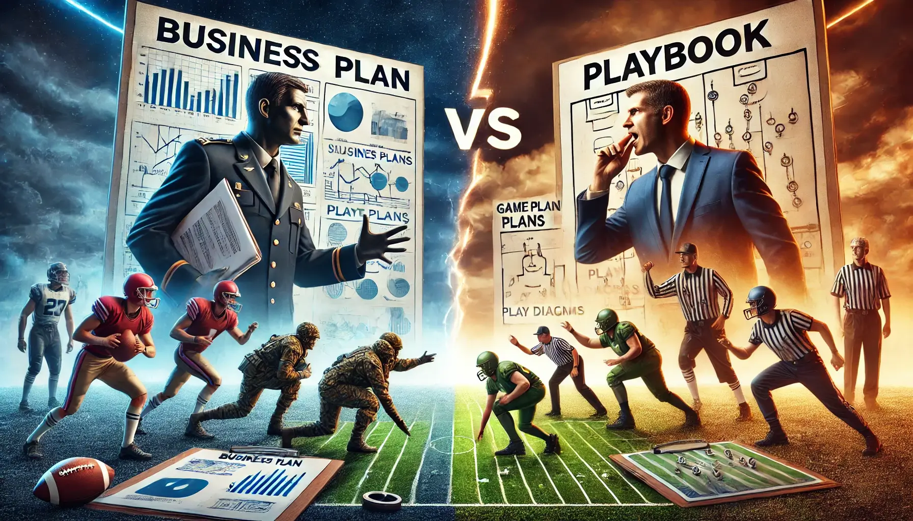 An AI-generated image of a business plan on one side, versus a playbook on the other side