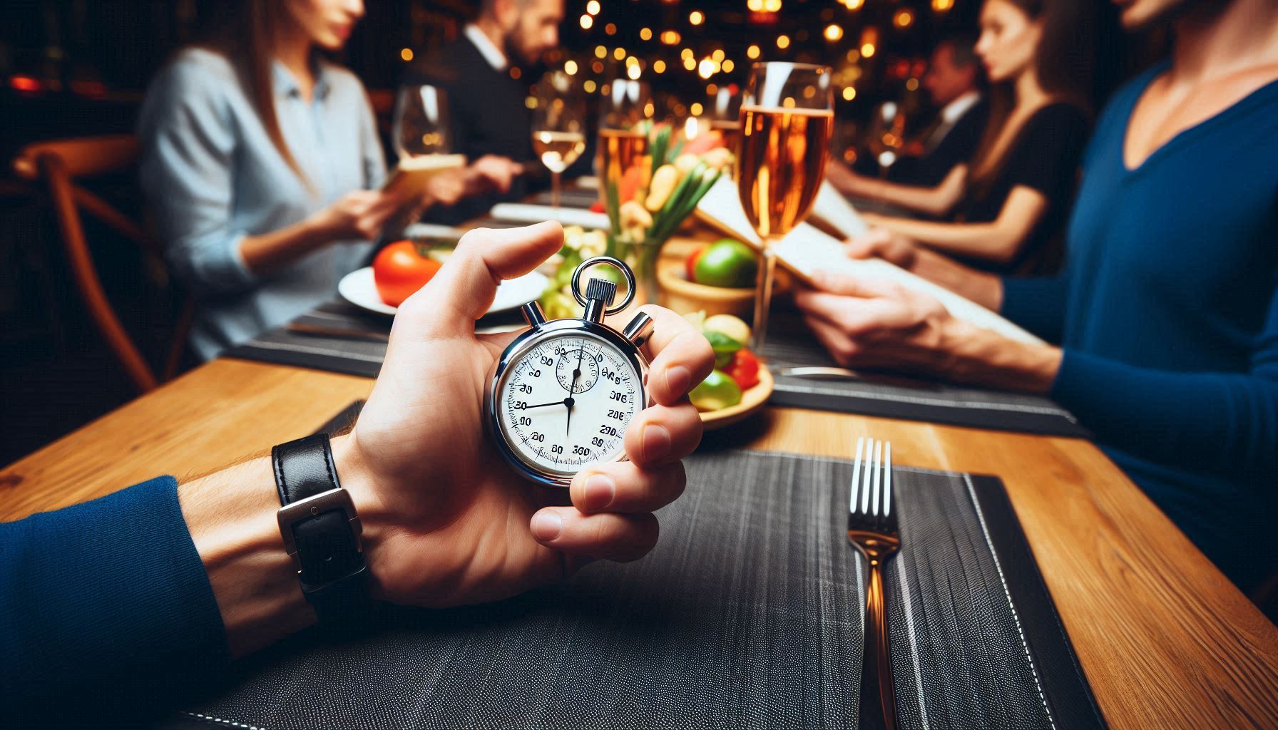 An AI-generated image of a person holding a stopwatch at a restaurant table while guests read the menu