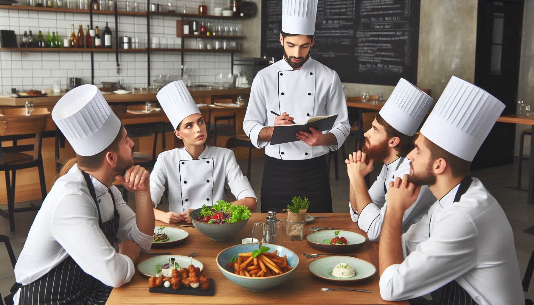 A chef holding a meeting with the kitchen team inside a restaurant