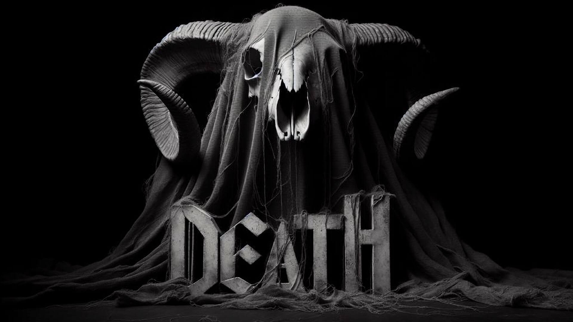 Black-and-gray, AI-generated image of a ram's skull covered partially by a shroud, with the word "death" underneath it