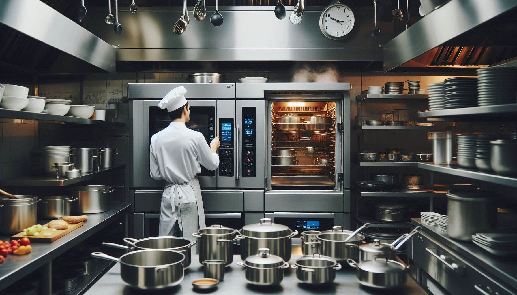 A chef in a commercial kitchen, using a set of combi-ovens.