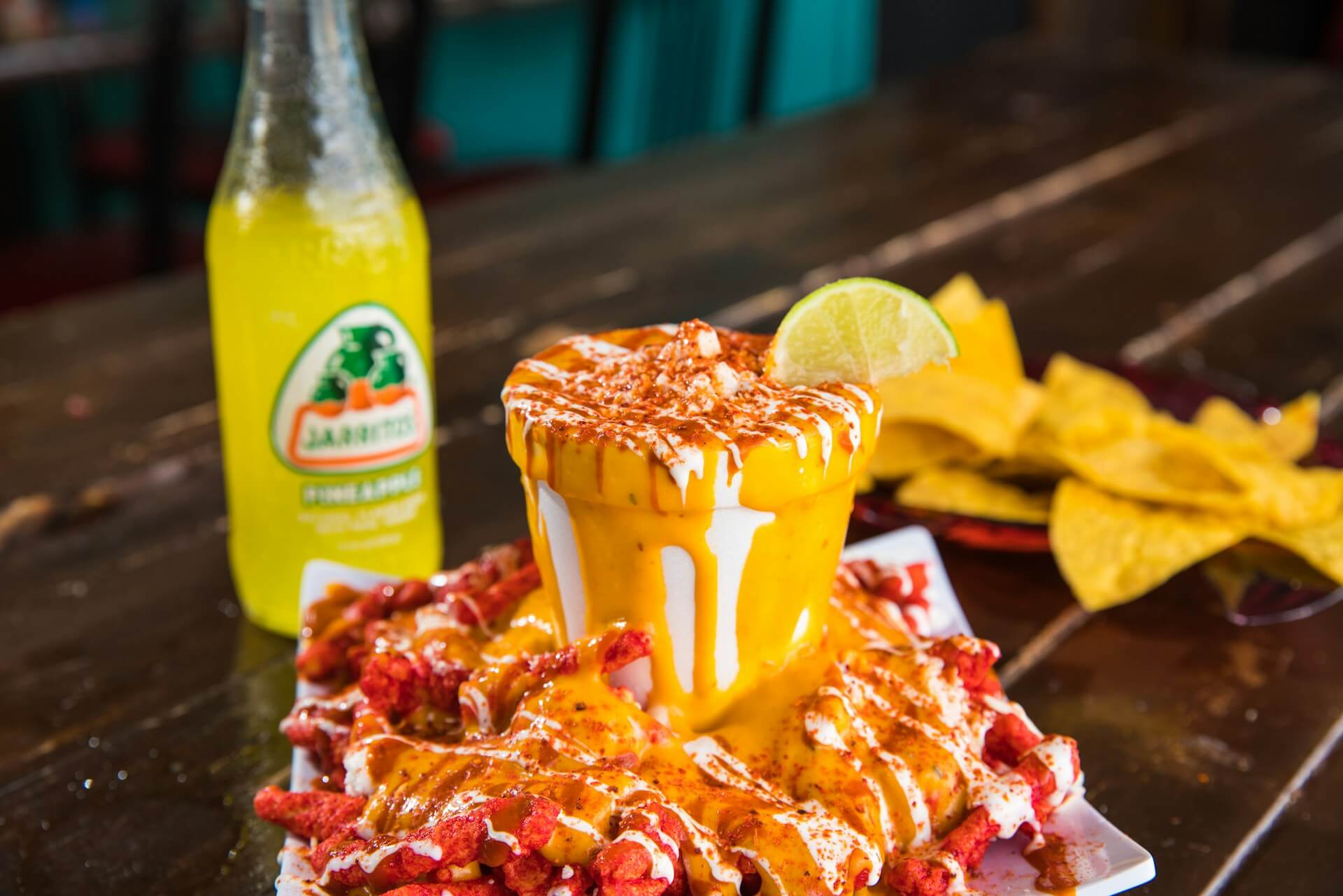 Elote en vaso, or vaso de elote, also known as street corn in a cup, on a bar