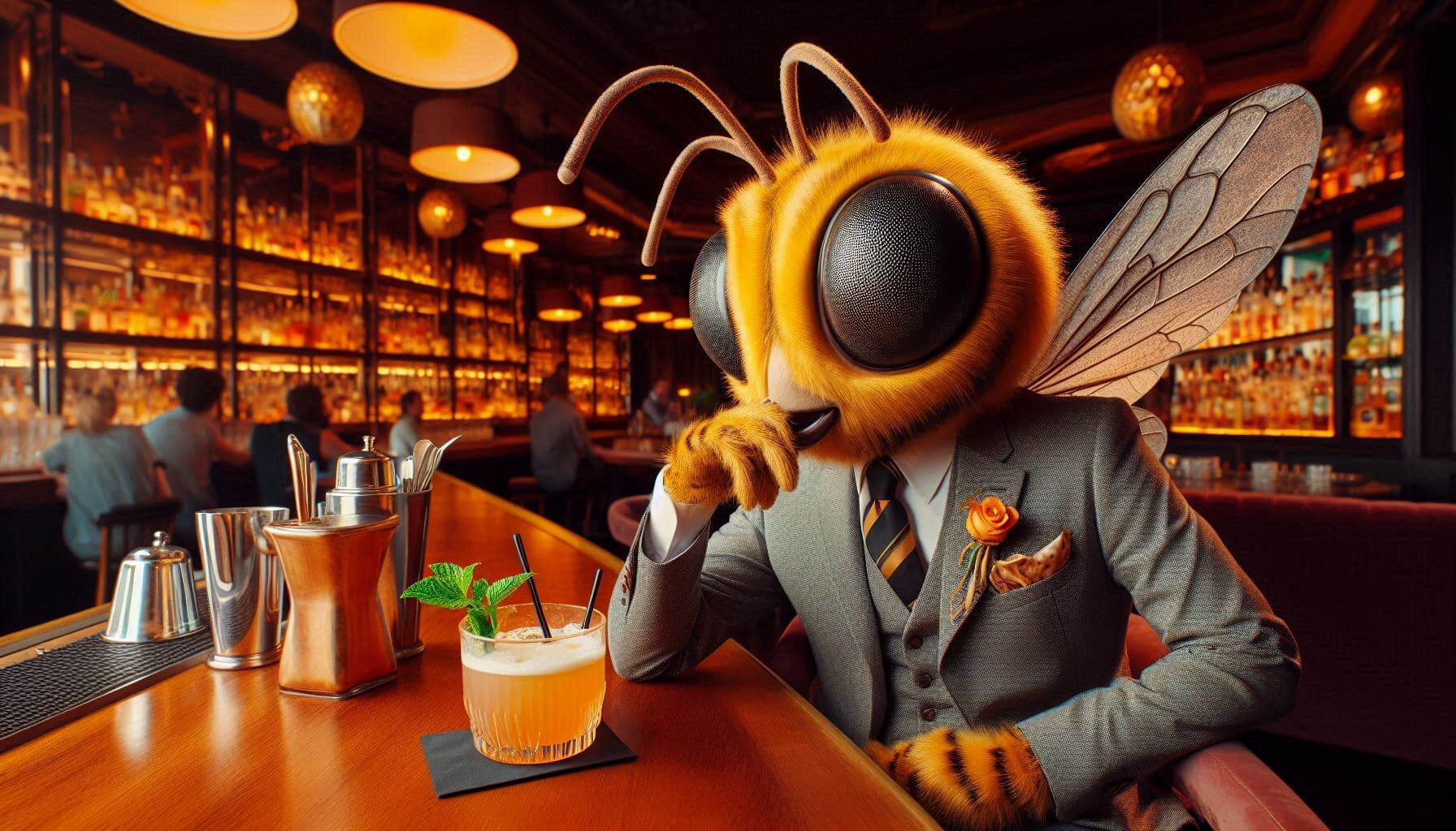 An AI-generated image of an anthropomorphic bee wearing a suit, drinking a cocktail at a cocktail bar