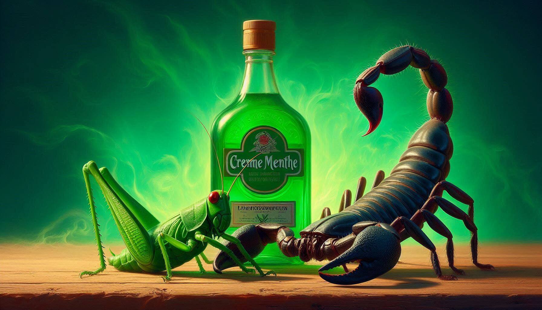 An AI-generated image of a green grasshopper and dark scorpion facing off over a bottle of creme de menthe