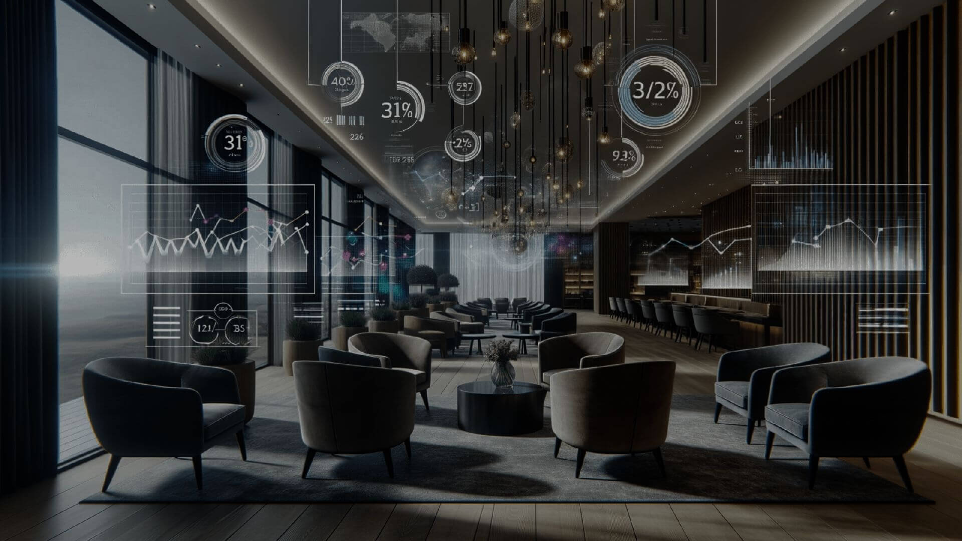 An AI-generated hotel bar area with seating next to large windows, with numbers superimposed over the image