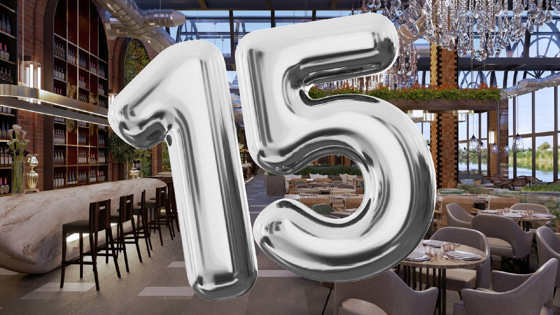 An AI-generated image of two silver balloons forming the number 15, superimposed over the interior of an upscale restaurant