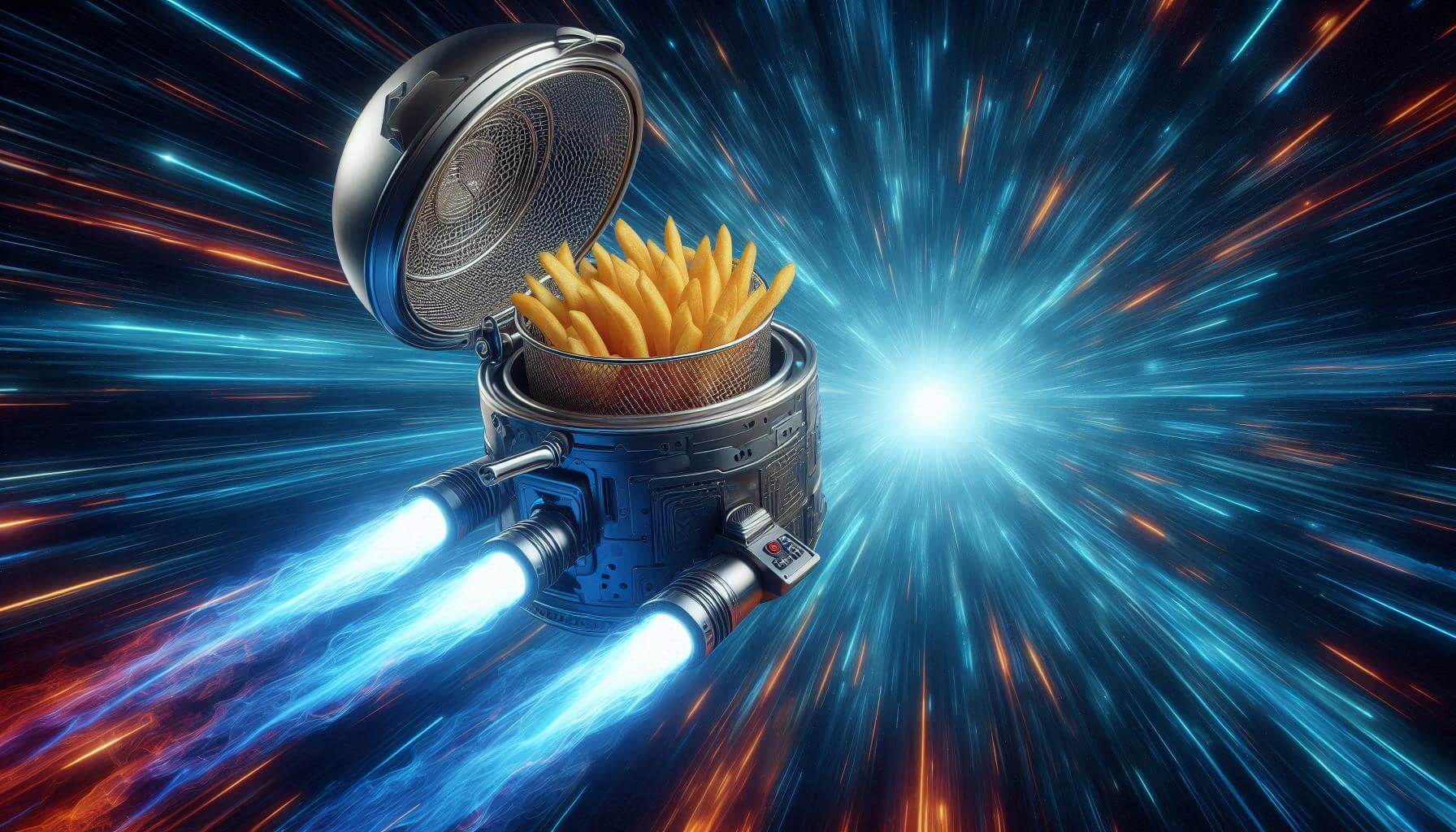 An AI-generated image of a sci-fi deep fryer flying at hyperspeed through space