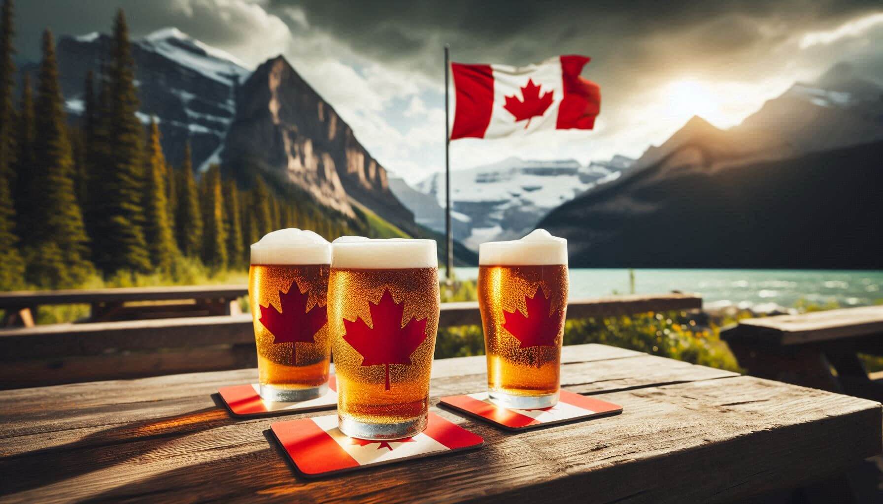 An AI-generated image of three pint glasses filled with beer sitting on Canadian flag coasters on a picnic table, with a mountain, lake, and Canadian flag in the background