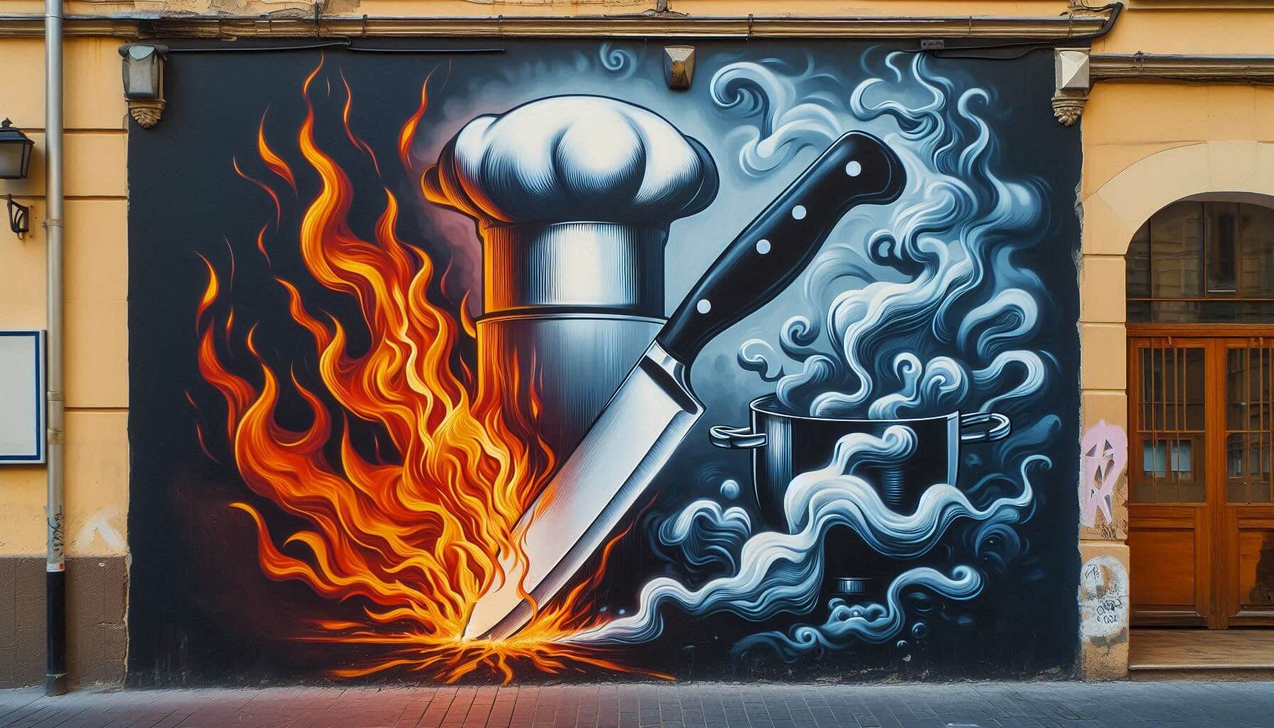 An AI-generated image of street art depicting the dangers of commercial kitchens: knives, fire, boiling water, and steam